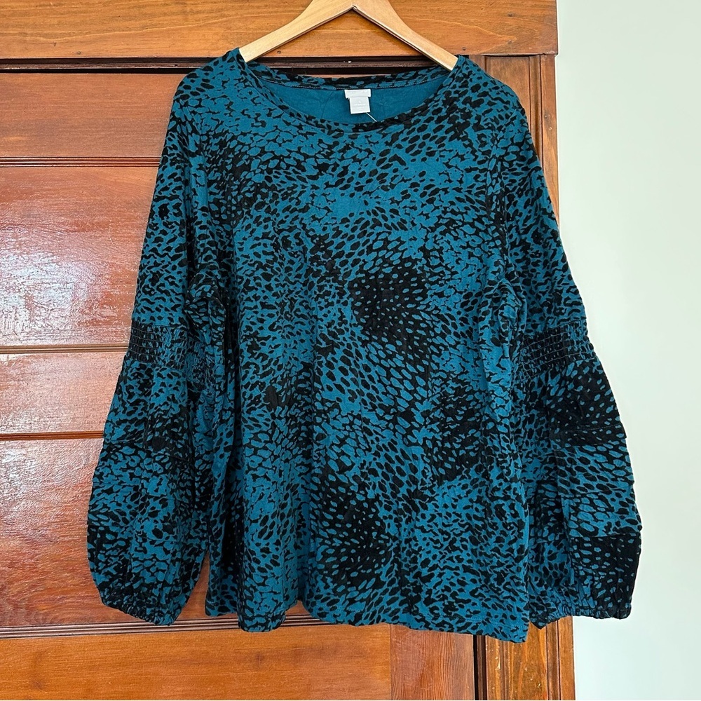 New Chico’s Teal Black Abstract Animal Print Puff Sleeve Knit Top Size 20